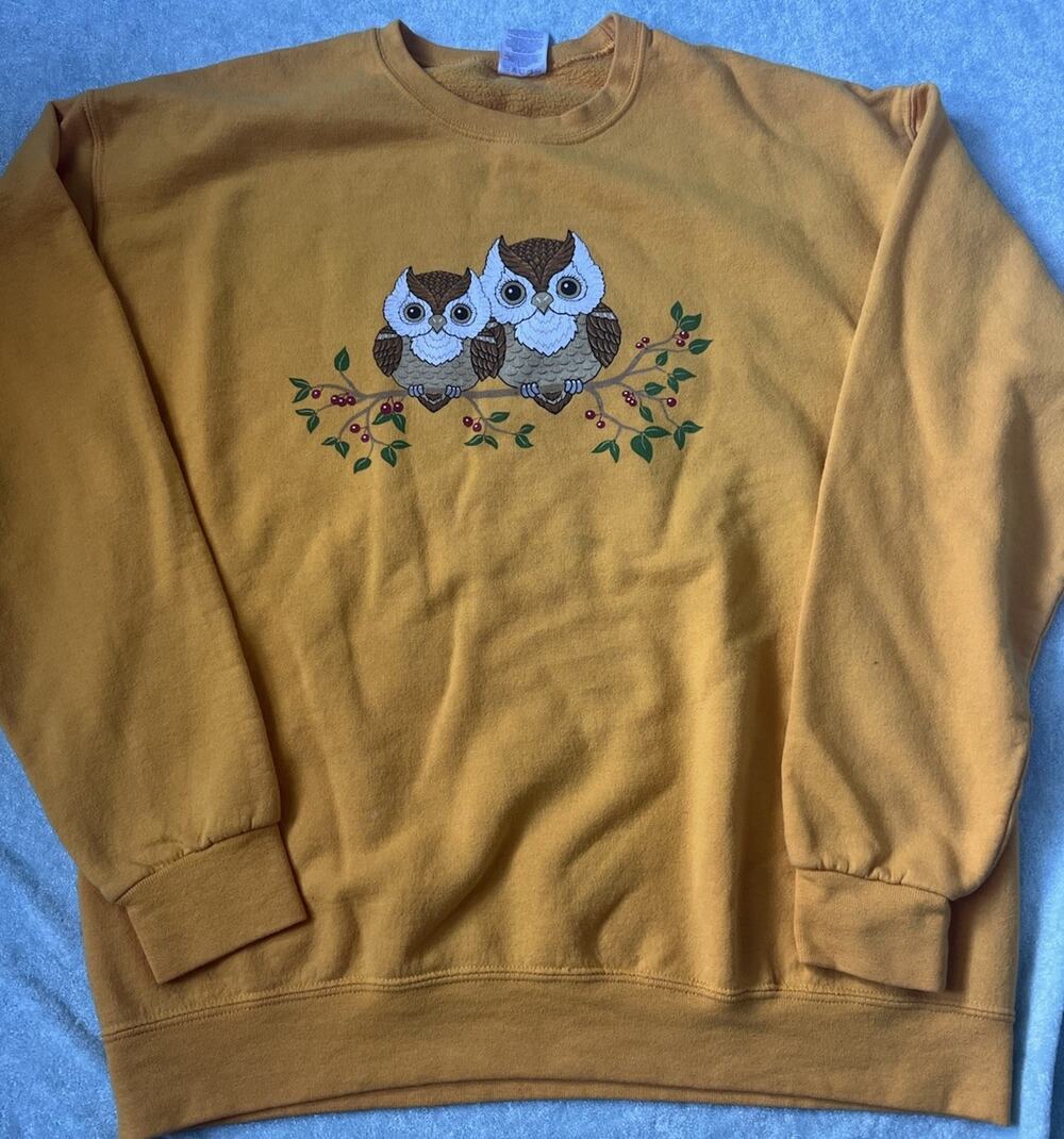 Vintage 90s Jerzees Mustard Yellow Embroidered Owl Sweatshirt Cottagecore M L